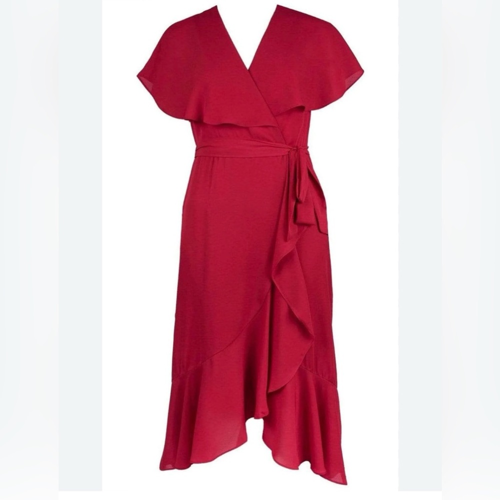 Maison Tara Cape Sleeved faux wrap high low dress size 12